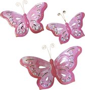 Floz Design luxe metalen vlinder - set van 3 vlinderdecoratie - roze - cadeau kinderkamer tienerkamer - fairtrade