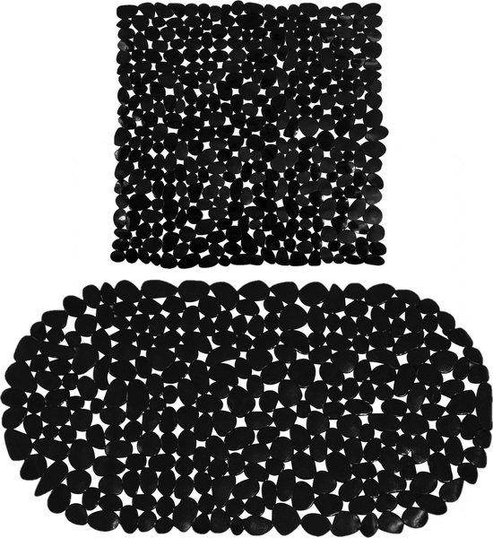 MSV Douche/bad anti-slip matten set badkamer - pvc - 2x stuks - zwart - 2 formaten