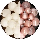 Kerstballen 60x stuks - mix lichtroze/wol wit - 4-5-6 cm - kunststof - kerstversiering