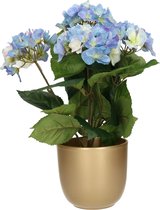 Hortensia kunstplant met bloemen blauw - in pot goud - 40 cm hoog