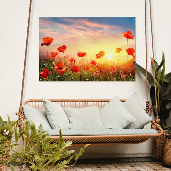 Tuinposter bloemen - Tuindecoratie klaprozen rood - 120x80 cm - Tuinschilderij voor buiten - Tuindoek zonsondergang - Wanddecoratie tuin - Schuttingdoek - Balkon decoratie - Muurdecoratie - Buitenschilderij