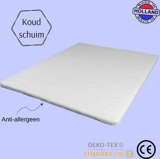 Matelas blanc avec coutures ondulées, étiquettes "Mousse froide" et "Anti-allergène". Logo 'Made in Holland'.