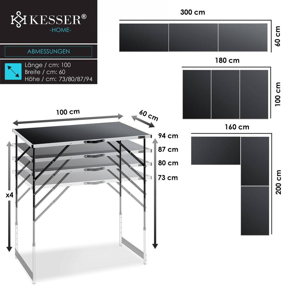 KESSER® Multifunctionele tafel, professioneel, 3-delig, 100 x 60 cm