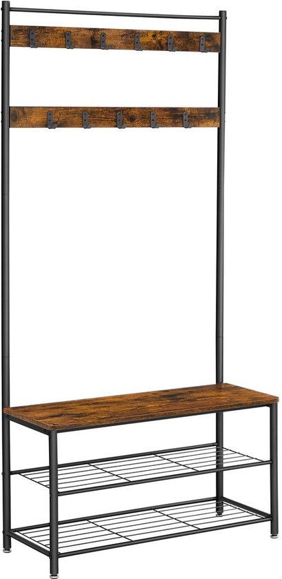 Rootz kapstok - kapstok met 3 planken - staande kapstok - boomkapstok - wandkapstokken - spaanplaat - staal - vintage bruin-zwart - 32 x 85 x 175 cm (D x B x H)