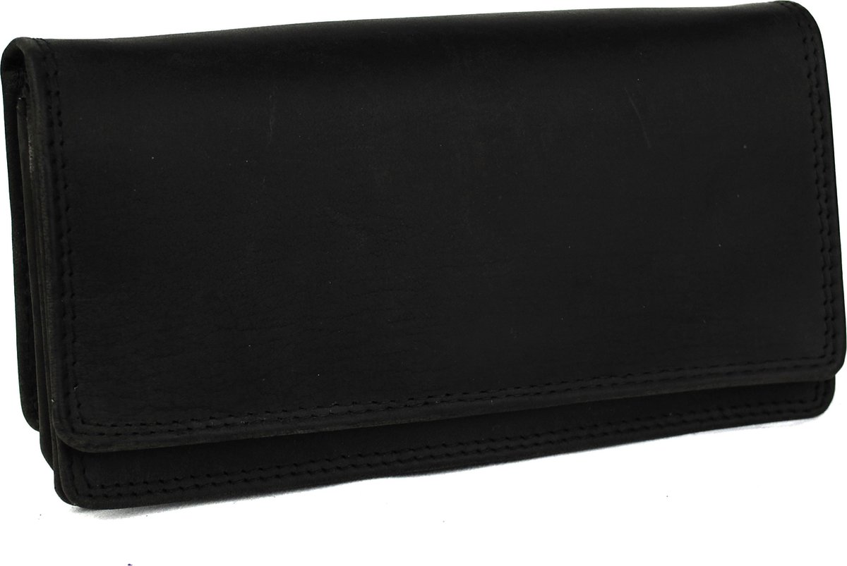 Massi Miliano Portemonnee Dames Buffelleer Zwart - Harmonica Model- (FLRS-LW-01-6) -17x3,5x8cm -