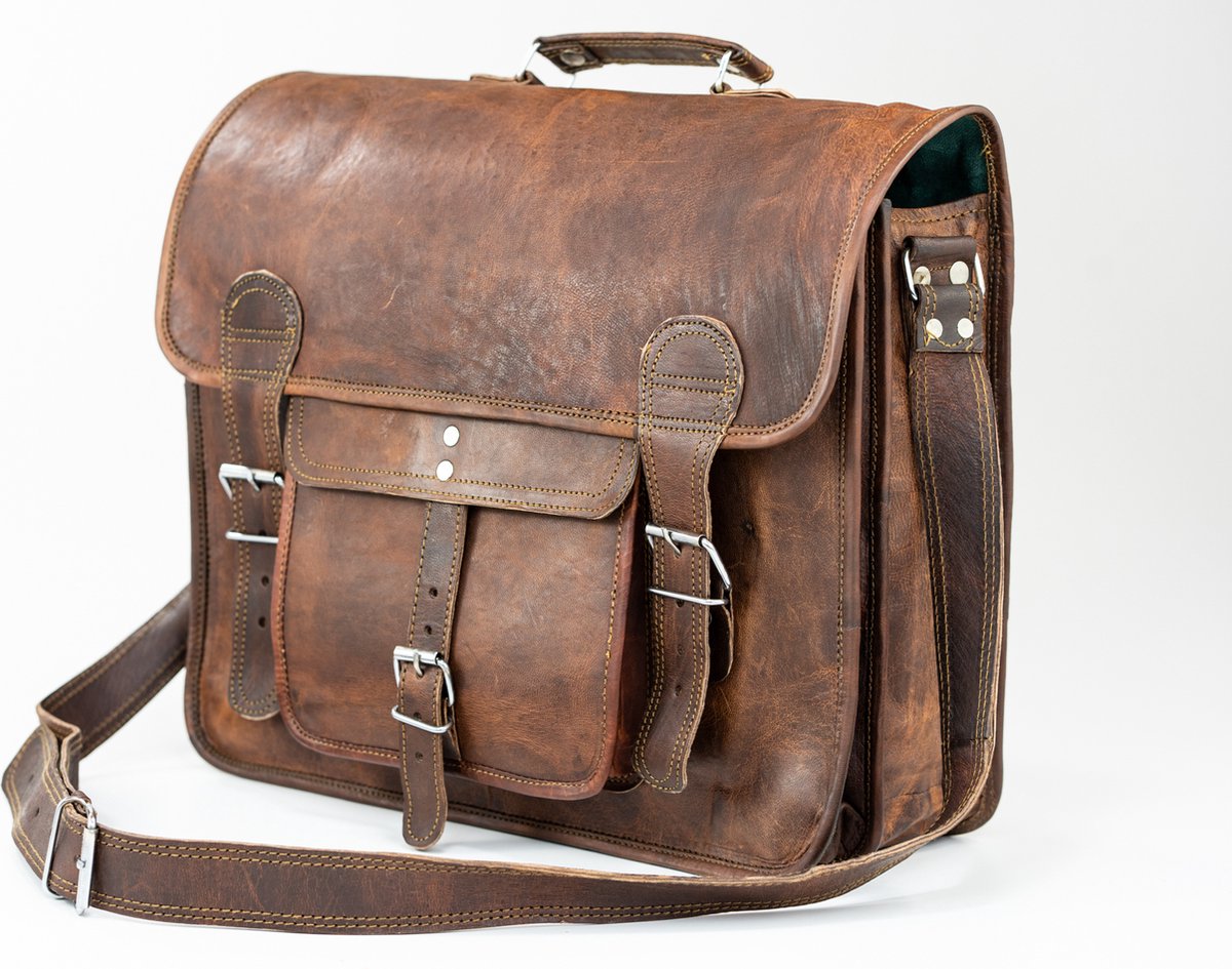 Laptoptas 15,6 inch “Granada” – Bruin ECHTE LEDER Messengertas - Unisex Vintage Look Satchel Working bag 42 x 29 x 11 cm (MODEL068)