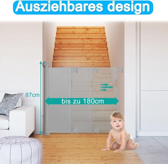 Barrière de Sécurité Rétractable pour Bébés (0 à 180 cm), Barrière de  Securité Escalier Animaux - Blanc