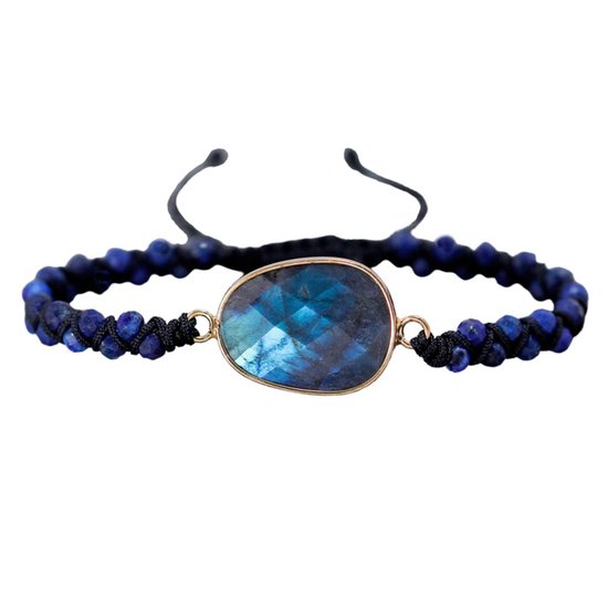 Marama - armband Lapis Lazuli Blue - edelsteen - zwart vegan waxcord - verstelbaar - damesarmband - vegan