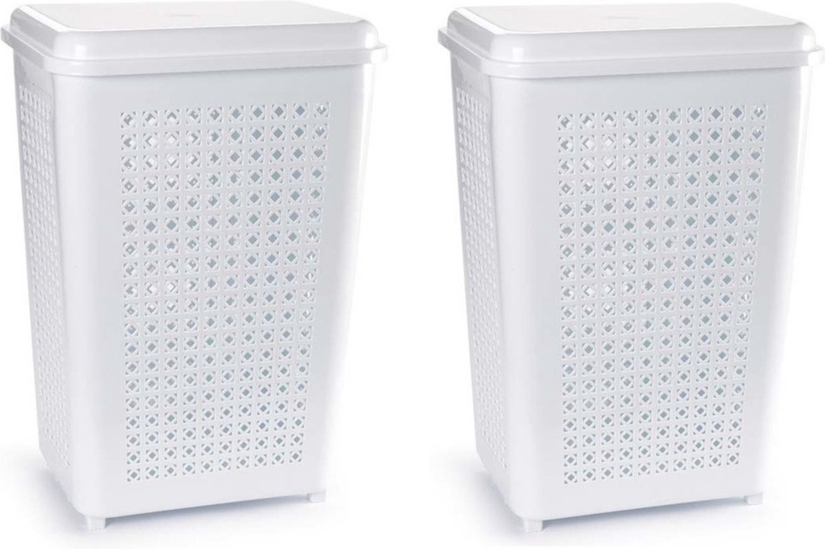 Goedkoopste Wasmand met deksel - 2x stuks - 50 liter - wit - kunststof - 41 x 31 x 61 cm - grote wasmanden