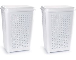 Wasmand met deksel - 2x stuks - 50 liter - wit - kunststof - 41 x 31 x 61 cm - grote wasmanden