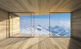Fotobehang - Vlies Behang - Besneeuwde Bergtoppen Terras Zicht 3D - 416 x 254 cm