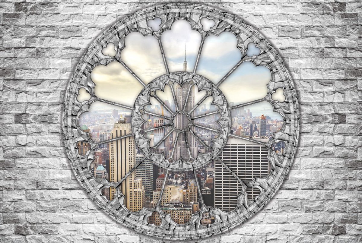 Fotobehang - Vlies Behang - 3D Uitzicht door het Ronde Raam op New York Stad - 208 x 146 cm op Prijzenvolger.com