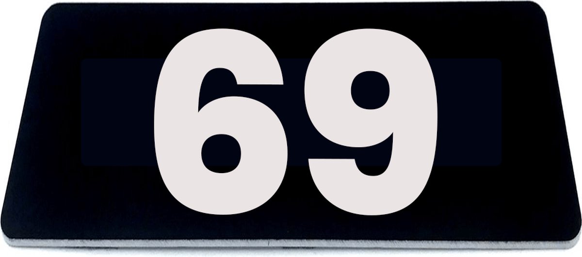Nummerplaatje 69 - 80 x 50 x 1,6 mm - Zwart/wit - incl. 3M-tape | Nummerbordje - Deur en kamernummer - brievenbusnummers - Gratis verzending - 5 jaar garantie | Gratis Verzending