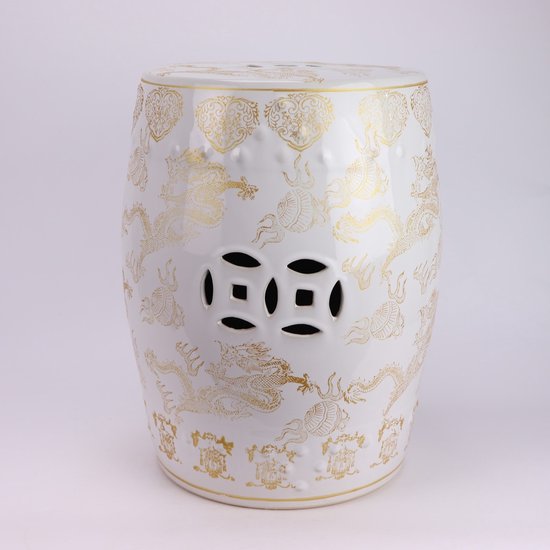 Witte keramische kruk met gouden draken en ornamenten, met perforaties.