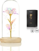 Rose de Luxe en Glas avec LED - Rose dorée sous cloche en Verres - Fête des mères - Connue de la Beauty et la Bête - Cadeau pour la mère de son amie - Galaxy Rose - Pied léger - Qwality