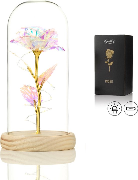 Luxe Roos in Glas met LED - Gouden Roos in Glazen Stolp – Moederdag - Cadeau voor vriendin moeder haar - Galaxy Rose - Lichte Voet – Qwality