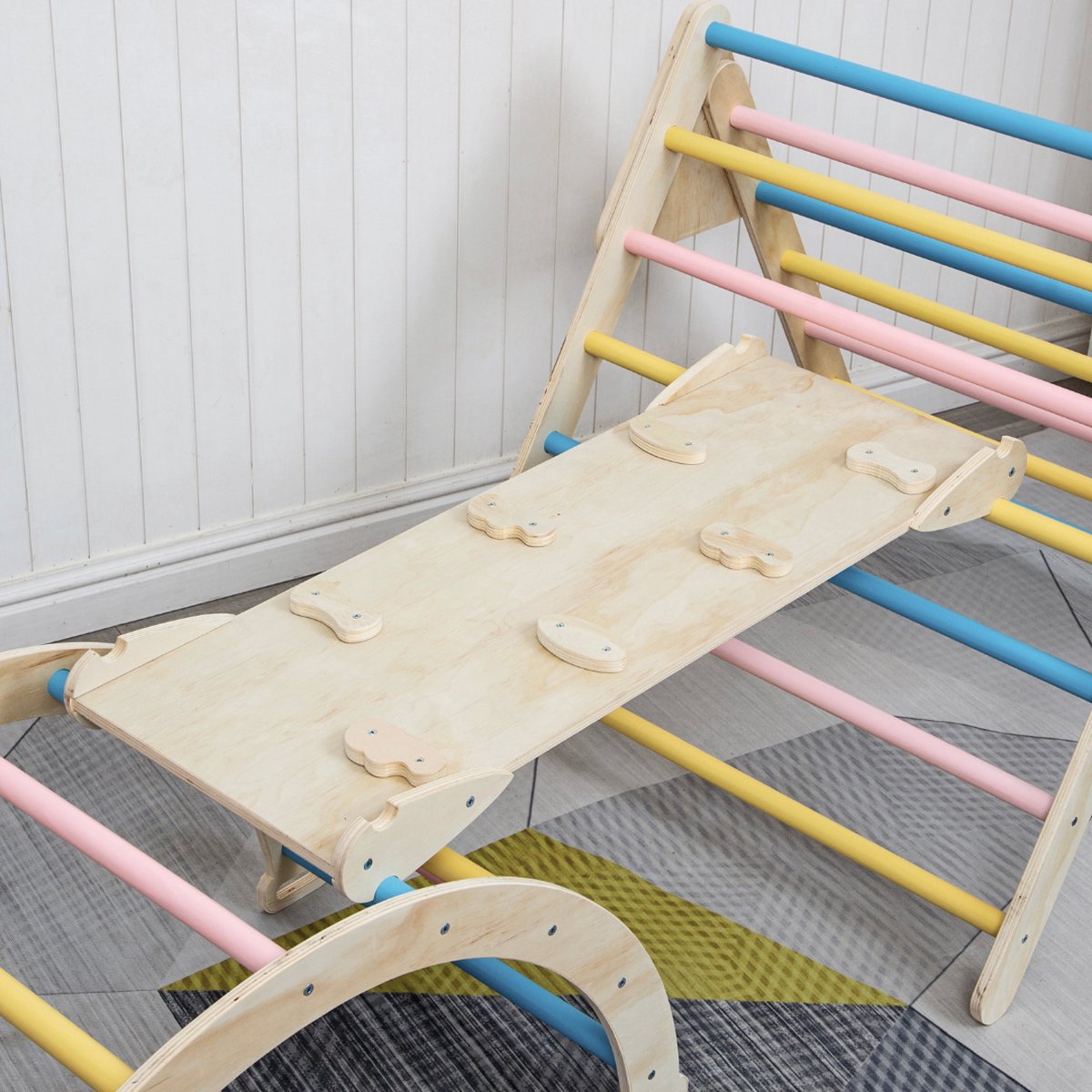 Buxibo XXL Klimrek - Opvouwbare Driehoek + Klimboog + Helling met Glijbaan - Montessori Meubels Houten Speelgym - Pastel - 210x83x81cm — afbeelding 17