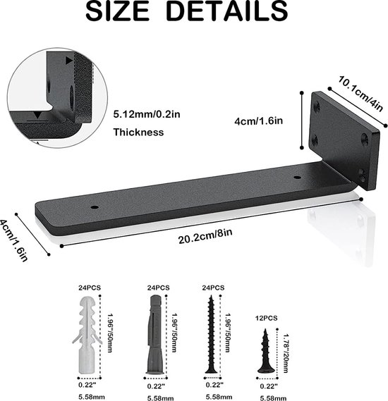 FWZJ 2 Pack Heavy Duty Industriële Plankbeugels - Drijvende Metalen Rekken Ondersteunt met Lip, Wandmontage Retro Planken Hardware Brace voor DIY Decor (Zwart, Wit
