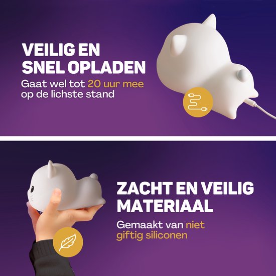 Vulpes Goods® Nachtlampje Kinderen - LED Licht & 8 Kleuren - Nachtlampje Babykamer - Poes - USB-Oplaadbaar - Dimmer - Timer - Draadloos - Kindvriendelijk van Vulpes Goods® — afbeelding 4