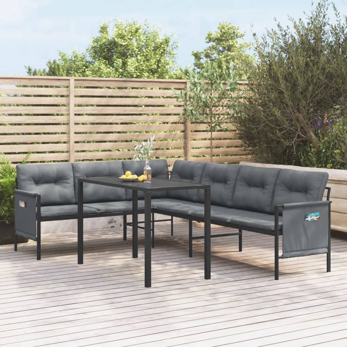 Antracietkleurige stalen tuinstoel en lounge stoel - Buitendecoratie - Hoekbank