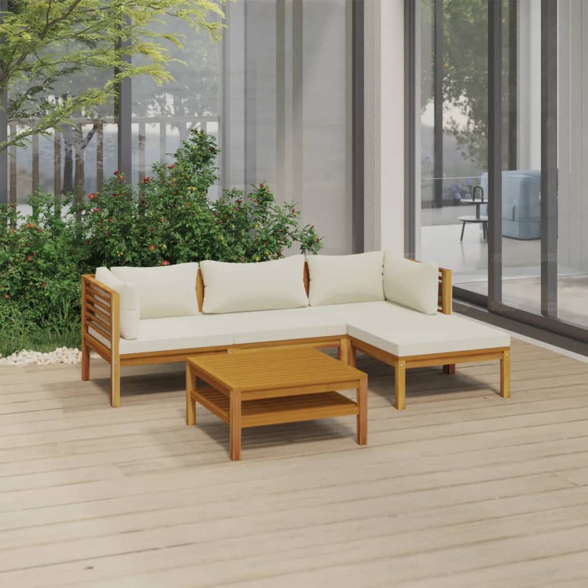 Acaciahouten loungeset met crèmekleurige kussens voor buiten - Tuinmeubelset - The Living Store