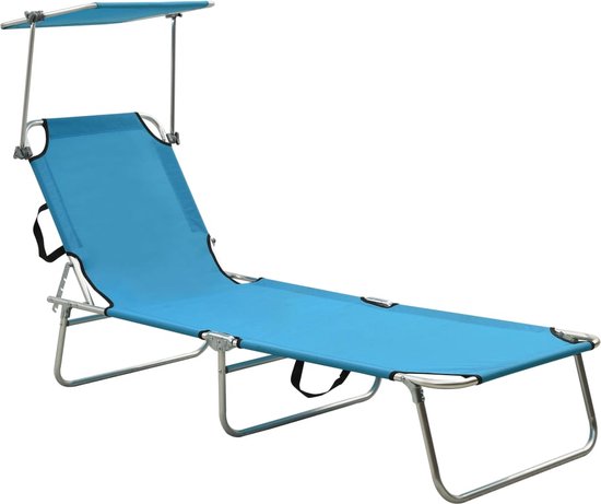 The Living Store Ligbed - Verstelbare Rugleuning en Luifel - Turquoise/Blauw - 189 x 58 x 27 cm - Draagvermogen 120 kg