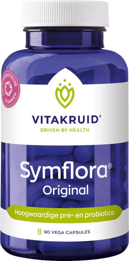 Donkerblauwe pot met 90 vega capsules van Symflora Original. Met logo en producttitel.