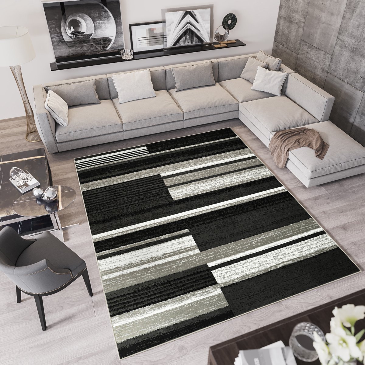 Tapiso Qmega Vloerkleed Zwart Grijs Modern Woonkamer Tapijt Maat- 250x350 Zwart1