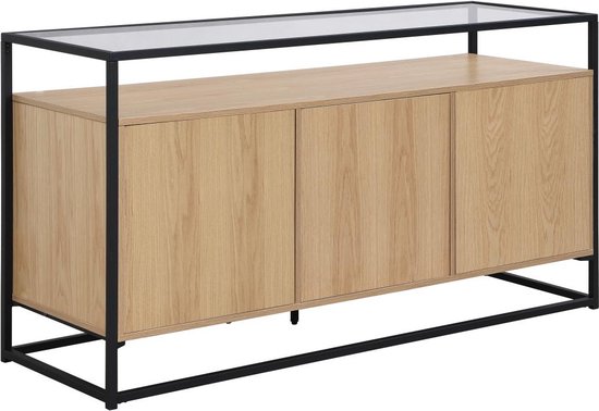 Buffetkast met 3 deurtjes van mdf, gehard glas en metaal - Licht naturel - CAMATA L 150 cm x H 80 cm x D 50 cm