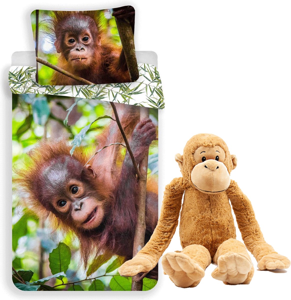 Dekbedovertrek Orang Oetan Baby- 140x200 cm- katoen- incl. pluche slinger aap 70/90 cm.