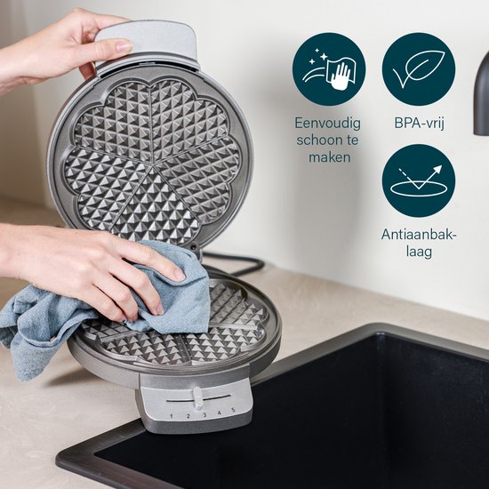 Princess 132380 Wafelijzer - 5 hartvormige wafels - 1200W - Regelbare thermostaat - 5 standen - Anti aanbaklaag - PFAS-vrij - Zilver - Gaufrier van Princess — afbeelding 3
