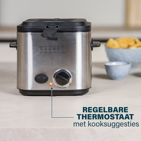 RVS frituurpan met een regelbare thermostaat en kooksuggesties.