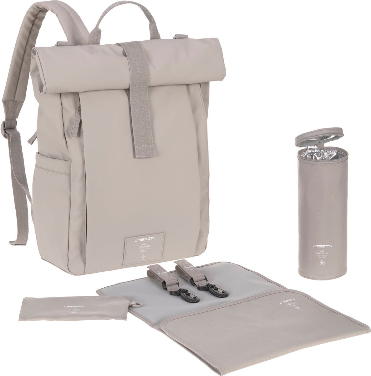 LÄSSIG Backpack Luiertas Rolltop Up taupe