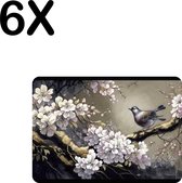 BWK Luxe Placemat - Chinese Kunst met Vogel en Kersenboom - Set van 6 Placemats - 35x25 cm - 2 mm dik Vinyl - Anti Slip - Afneembaar