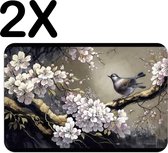 BWK Luxe Placemat - Chinese Kunst met Vogel en Kersenboom - Set van 2 Placemats - 45x30 cm - 2 mm dik Vinyl - Anti Slip - Afneembaar