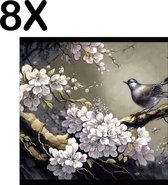 BWK Textiele Placemat - Chinese Kunst met Vogel en Kersenboom - Set van 8 Placemats - 50x50 cm - Polyester Stof - Afneembaar