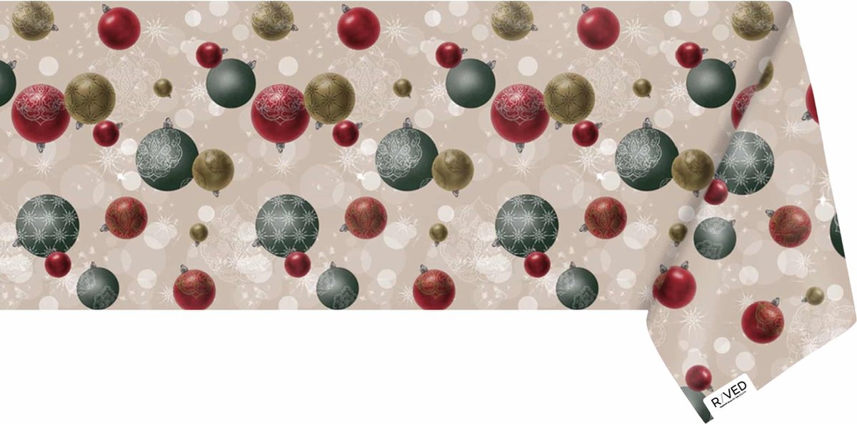 Raved Tafelzeil – 140 cm x 280 cm – Kerstballen Beige – PVC – Afwasbaar