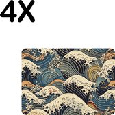 BWK Luxe Placemat - Japanse Styl Golven Getekend - Set van 4 Placemats - 35x25 cm - 2 mm dik Vinyl - Anti Slip - Afneembaar