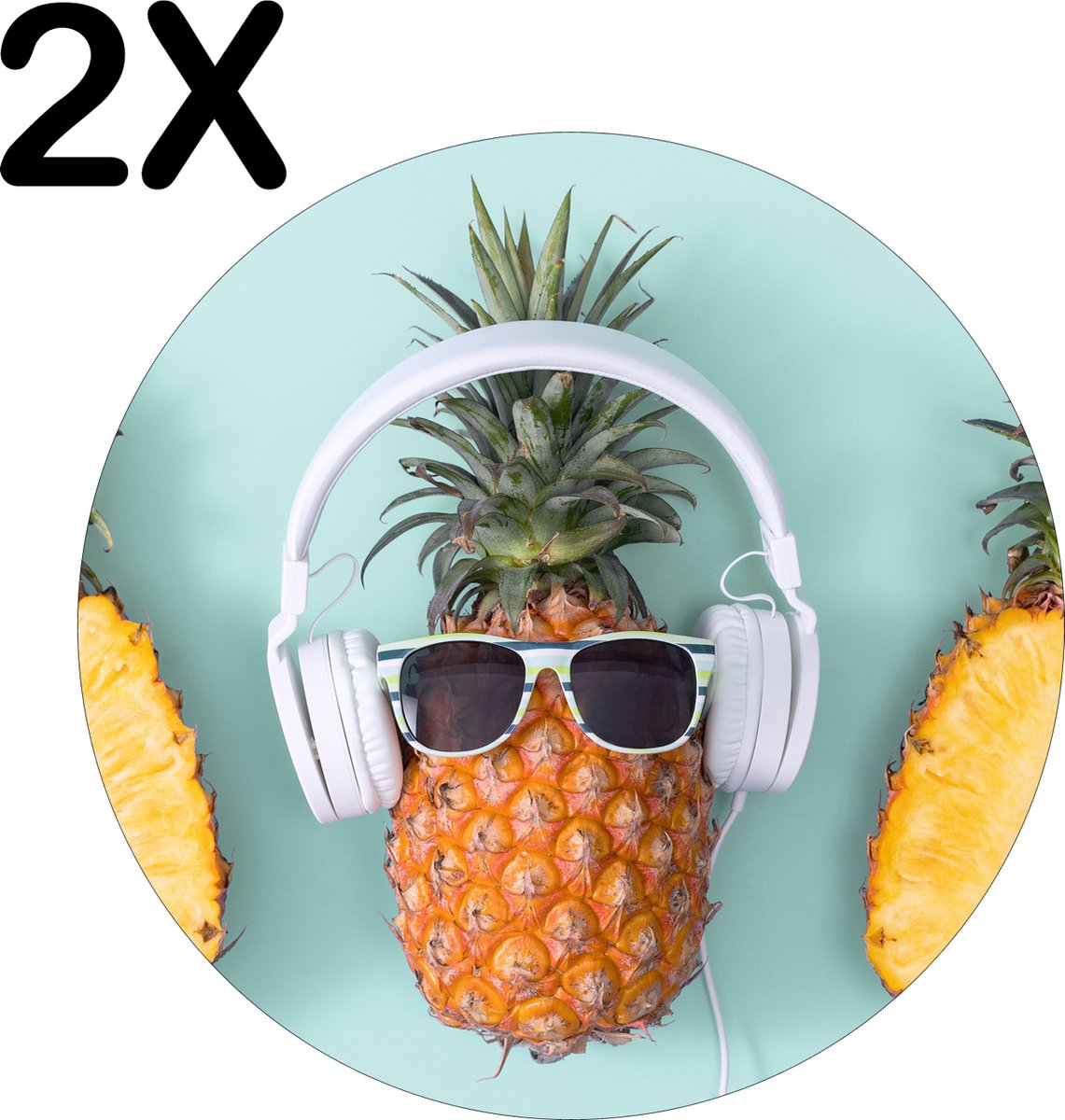 BWK Flexibele Ronde Placemat - Hippe Ananassen met Zonnebril en Koptelefoon - Set van 2 Placemats - 40x40 cm - PVC Doek - Afneembaar