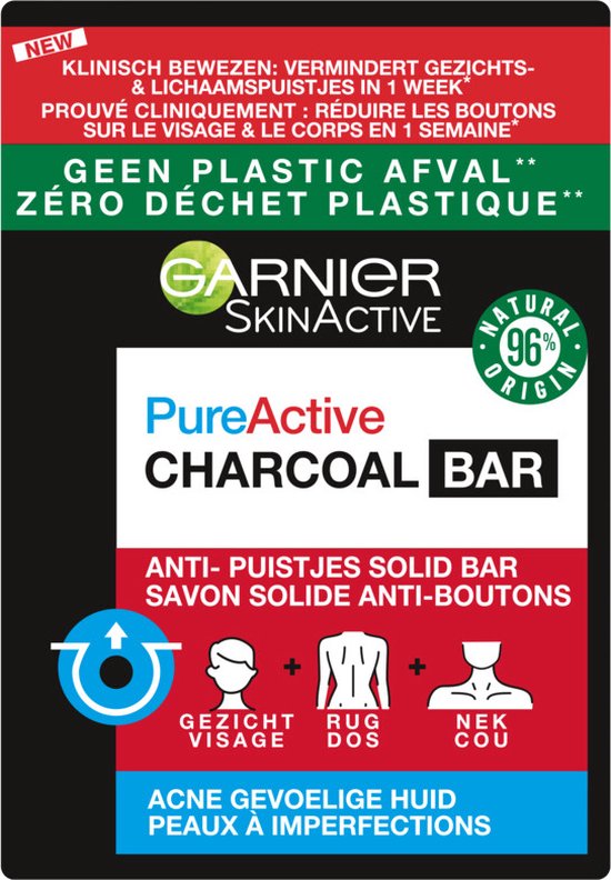 3x Garnier SkinActive Pure Active Charcoal Gezichtsreinigings Bar 100 gr