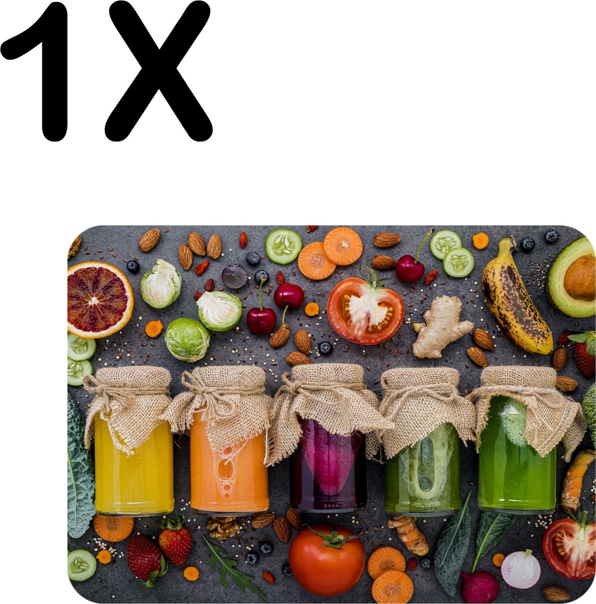 BWK Flexibele Placemat - Kleurrijke Potten met Groente en Fruit - Set van 1 Placemats - 40x30 cm - PVC Doek - Afneembaar