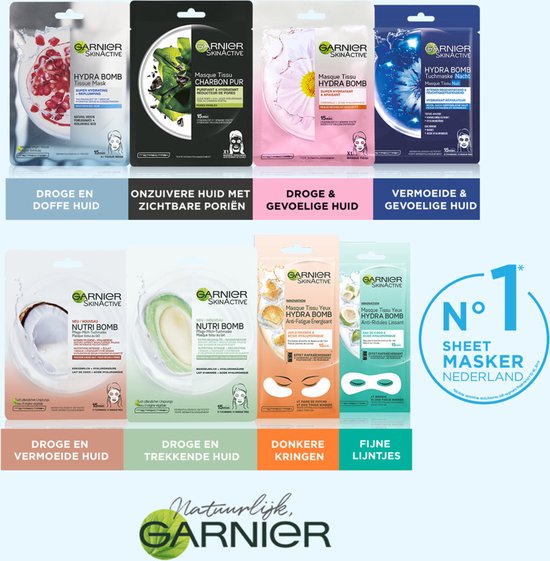 Garnier SkinActive verpakking met 7 verschillende gezichtsmaskers, waaronder de Hydra Bomb lijn.