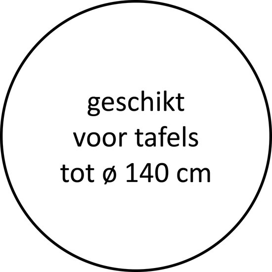 Cercle avec le texte 'convient aux tables jusqu'à Ø 140 cm'.