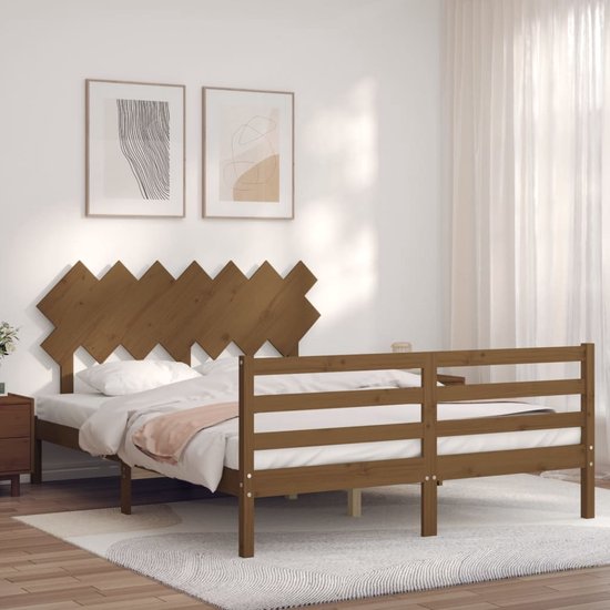 The Living Store Bed Vuren Hout - 205.5 x 155.5 cm - Multiplex Lattenbodem - Honingbruin