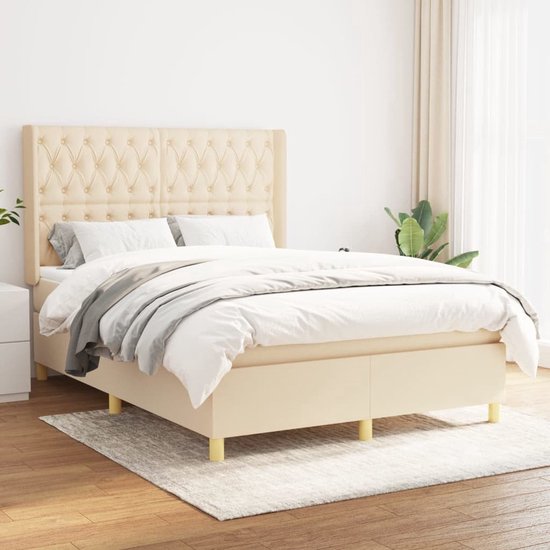 The Living Store Boxspringbed - Crème - 140 x 200 - Duurzaam materiaal - Verstelbaar hoofdbord - Pocketvering matras - Middelharde ondersteuning - Huidvriendelijk topmatras