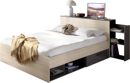 Bed met hoofdeinde bed, opbergruimte en lades - 140 x 190 cm - Kleur: Naturel en antraciet - FLORIAN L 223 cm x H 85 cm x D 146 cm