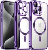 Hoesje Geschikt voor iPhone 15 Plus met magnetisch ring - Lens beschermer – backcover – Transparant / Paars
