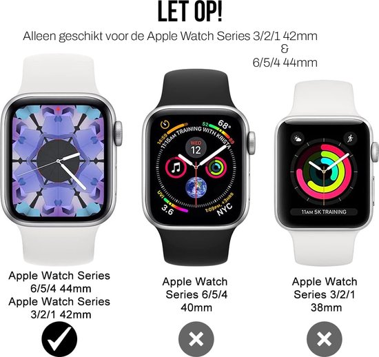 Drie Apple Watches: Series 6/5/4 44mm met witte band, Series 6/5/4 40mm met zwarte band, Series 3/2/1 38mm met witte band.