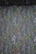 Tricot donkergrijs met kleurrijke voetballers 1 meter - modestoffen voor naaien - stoffen