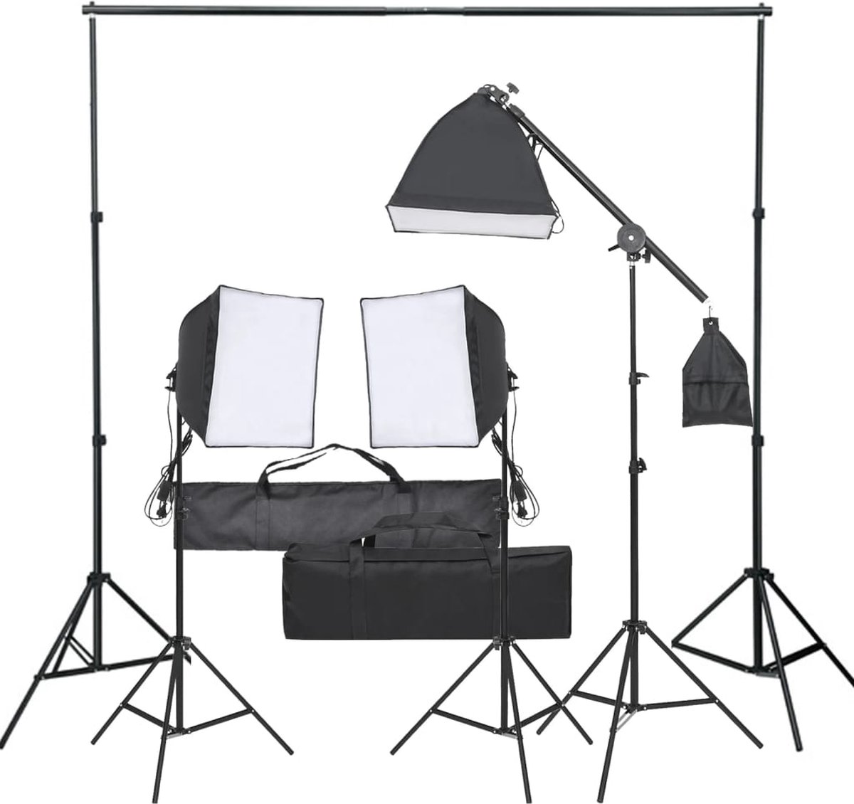 The Living Store Fotostudioset - LED Continuverlichting - 40x40 cm Softbox - Zwart Aluminium Achtergrondset - 78-210 cm Statief - 155-300 cm Breedte